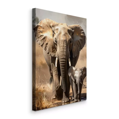 Canvas Tropische scène met een volwassen en een jonge olifant