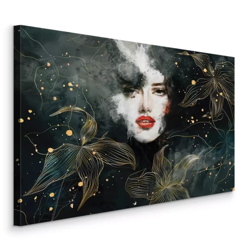 Canvas Portret van een vrouw omringd door gouden bloemen