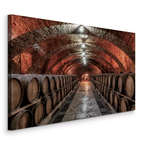 Canvas Stenen tunnel met vaten in de wijnmakerij