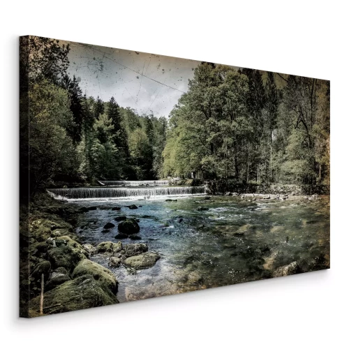 Canvas Een rivier met stenen in een loofbos