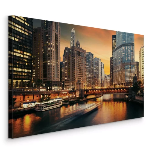 Canvas Brug en wolkenkrabbers over de rivier