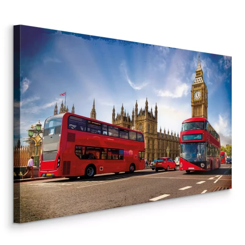 Canvas Een rode bus met het parlement op de achtergrond