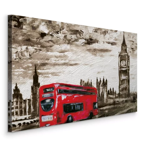 Canvas Een rode bus tussen de grijze stad