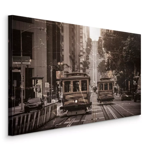 Canvas Trams in de stad tussen de bomen