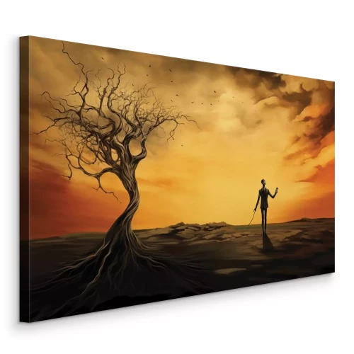 Canvas Een figuur met een staf in een surrealistisch landschap
