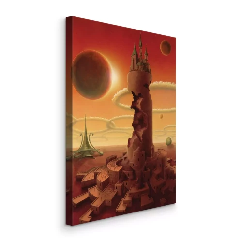 Canvas Een stad aan de voet van een toren op een vreemde planeet