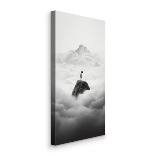Canvas Kind op een rots in een zee van mist