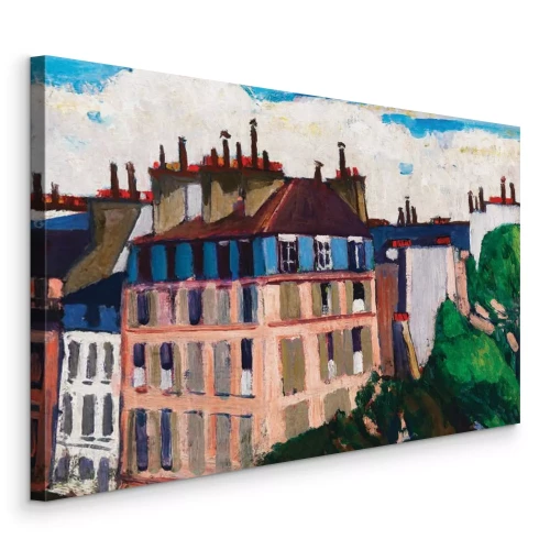 Canvas Groene bomen tussen de stadswoningen