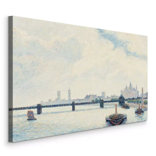 Canvas Panorama van de stad met boten in de zonnige waas