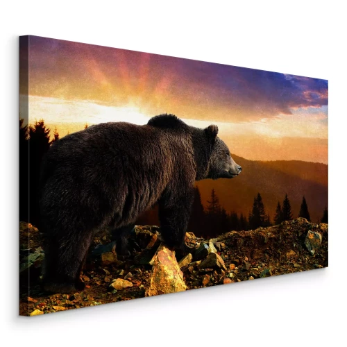 Canvas Een sterke bruine beer tegen een gouden lucht