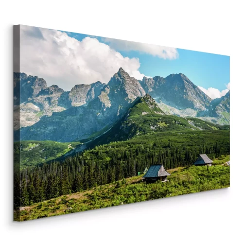 Canvas Houten hutten tussen bergnaaldbossen