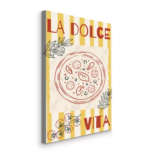 Canvas Pizza met tomaten en olijven tussen de inscripties