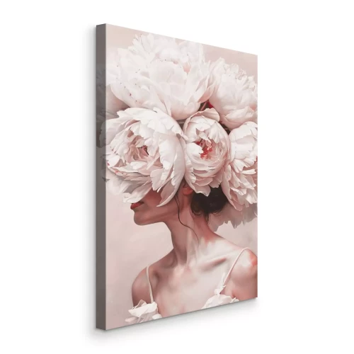 Canvas Portret van een vrouw met een krans van pioenrozen op haar hoofd