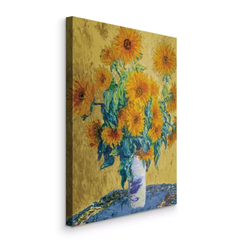 Canvas Gele zonnebloemen in een rustieke kleipot