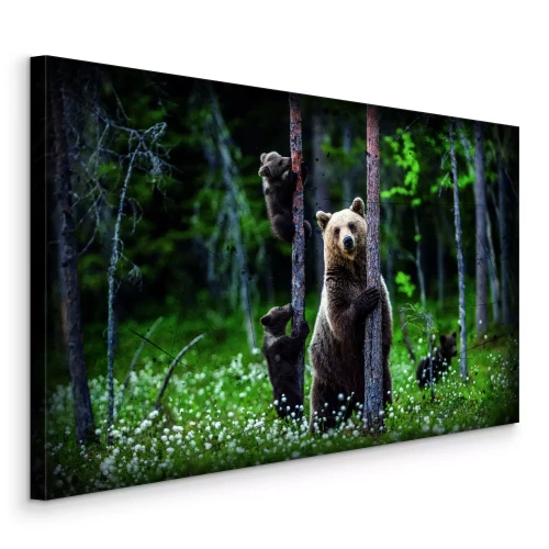 Canvas Een volwassen beer loopt met haar jongen tussen de bomen.