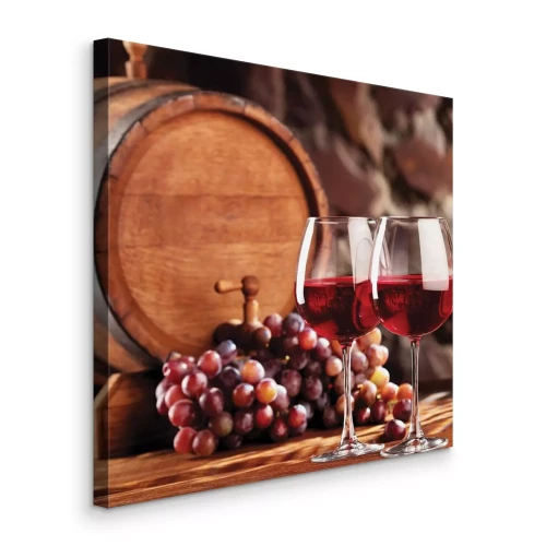 Canvas Glazen wijn tegen de achtergrond van druiven en een houten vat