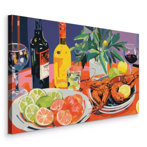 Canvas Een heerlijke combinatie van garnalen, fruit en wijn