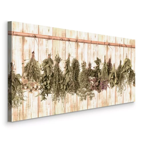 Canvas Een compositie van gedroogde kruiden op rustiek hout