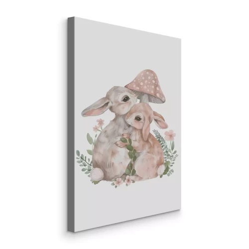 Canvas Konijnen tussen de bladeren en rode paddestoel