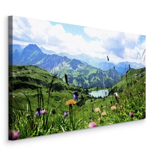 Canvas Bergweiden met wilde bloemen en een rotsachtig landschap