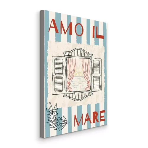 Canvas Schets van een open raam met uitzicht op kalme golven