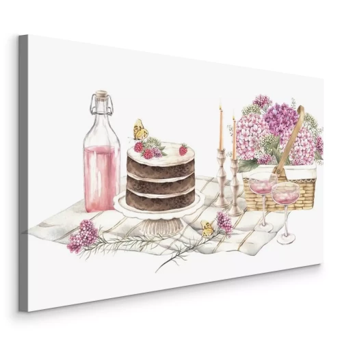 Canvas Een pittoreske picknick met taart en bloemen