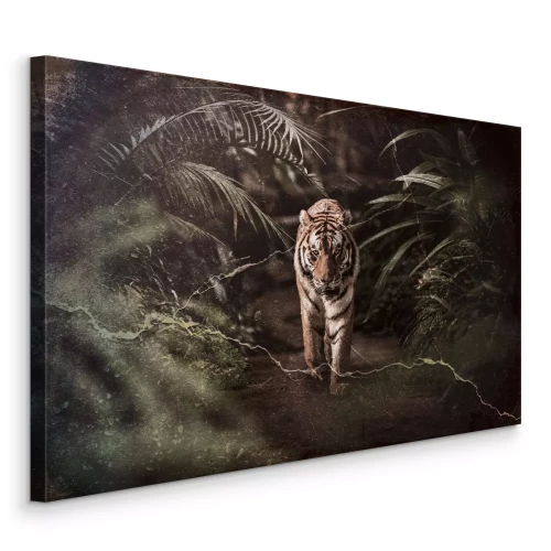 Canvas Een tijger in een tropisch struikgewas van bladeren