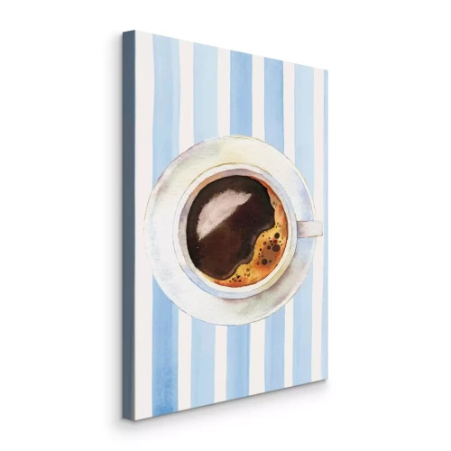 Canvas Een minimalistische kop zwarte koffie op een gestreepte achtergrond.