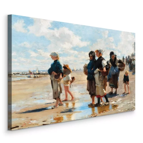 Canvas Vrouwen en kinderen vissen op een strand aan zee
