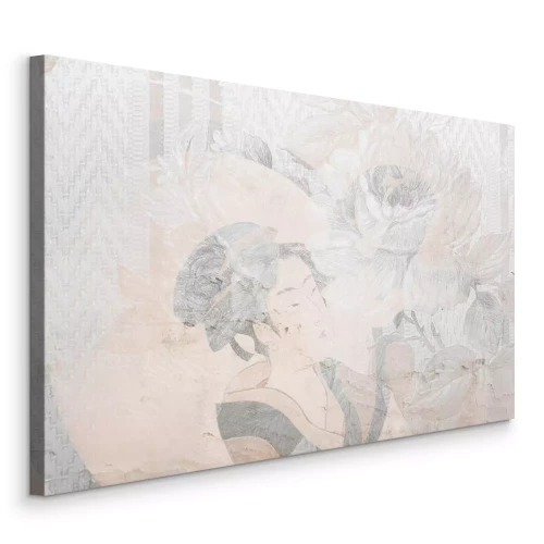 Canvas Portret van een Japanse vrouw in een bloemenornament