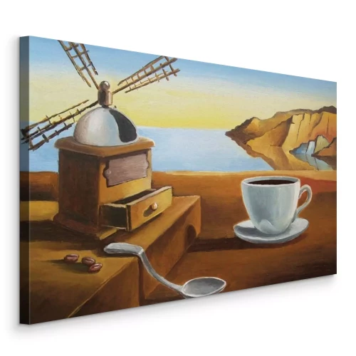 Canvas Stilleven met koffie en uitzicht op de baai