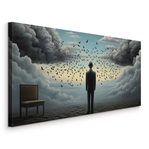 Canvas Een man met een zwerm vogels en een stoel op de achtergrond