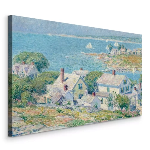 Canvas Een landelijke nederzetting met huizen en een bergpanorama