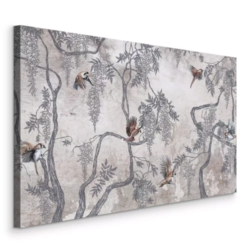 Canvas Natuurlijke bomen met groene vegetatie en vogels