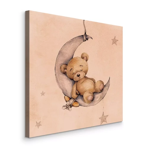Canvas Een teddybeer die op de maan slaapt, omringd door sterren