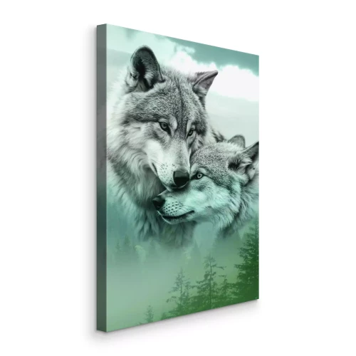 Canvas Mysterieuze wolven in de mist van een dicht naaldbos