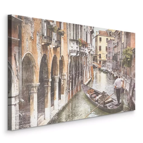 Canvas Venetiaanse architectuur omringd door klassieke gondels