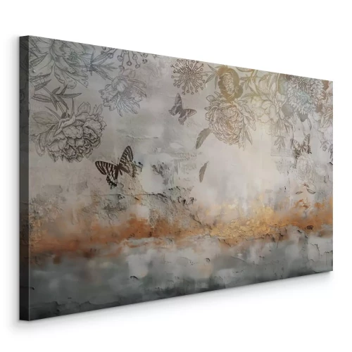 Canvas Schets van bloemen en vlinders op een betonnen muur