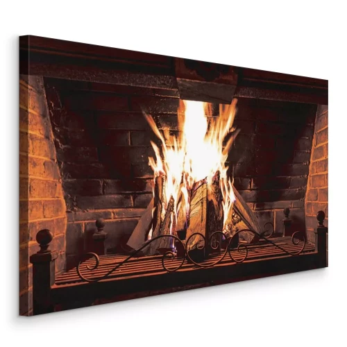 Canvas Een laaiend vuur in een traditionele open haard