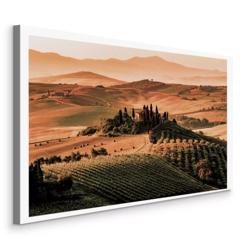 Canvas Toscaanse velden bij gouden zonsondergang