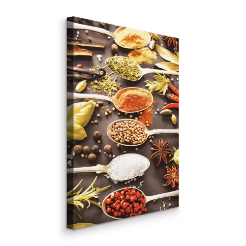 Canvas Een kleurrijke compositie van kruiden op lepels