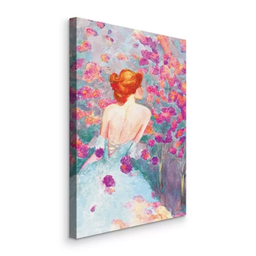 Canvas Een vrouw in een delicate aquarel met een bloemenmotief