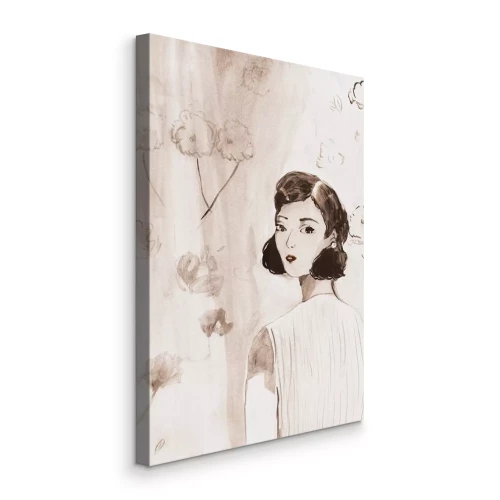 Canvas Een elegante schets van een vrouw omringd door bloemen.