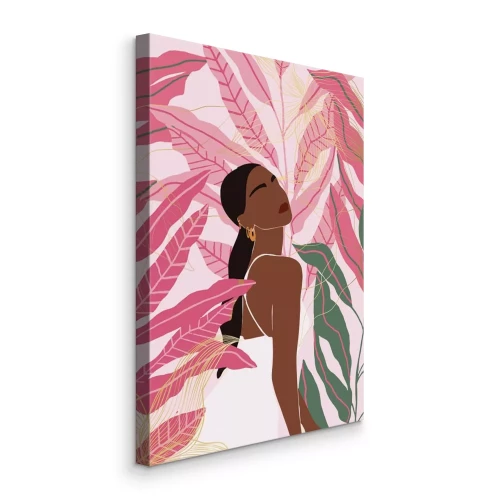 Canvas Portret van een vrouw in een witte jurk met roze bladeren op de achtergrond