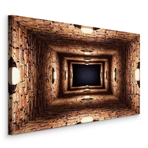 Canvas Lange bakstenen gang met lampen