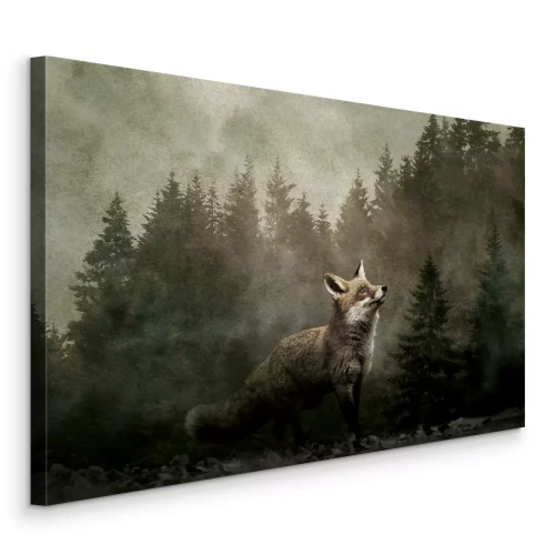 Canvas Een vos tussen de naaldbomen