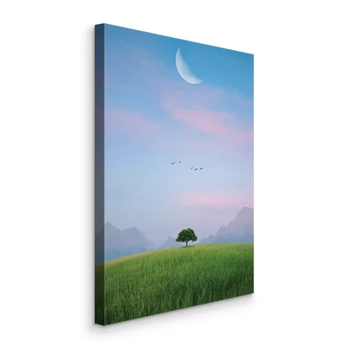 Canvas Velden en bergen met een boom in het maanlicht