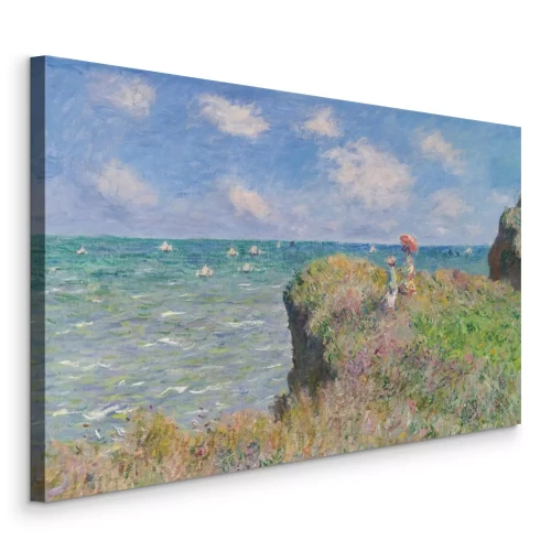 Canvas Een vrouw met een paraplu op een klif vol bloemen