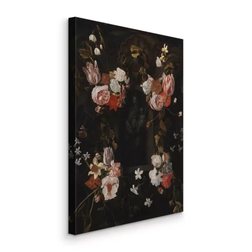 Canvas Een moeder en kind gewikkeld in een bloemenkrans