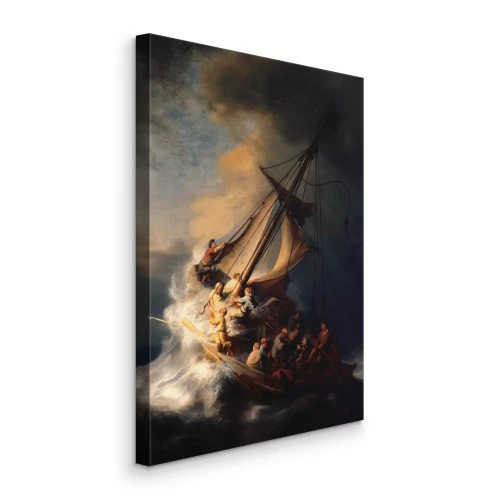 Canvas Een zeilboot die worstelt tegen de golven van een ruwe zee